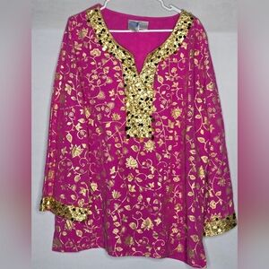 Diane Gilman DG2 Tunic 1x Pink Glam Gold Beaded Sequin Floral Bell Sleeve V Neck